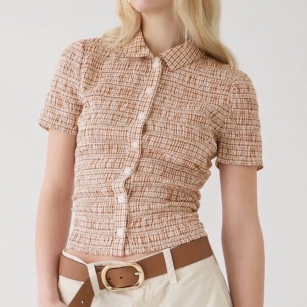 j Crew smocked button up in gingham cotton